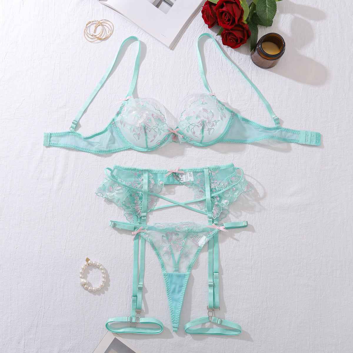 Mint Lace Floral Embroidery Sculpting Lingerie
