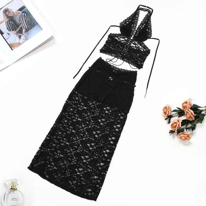 Elegant Lace Halter Long Dress Lingerie Set