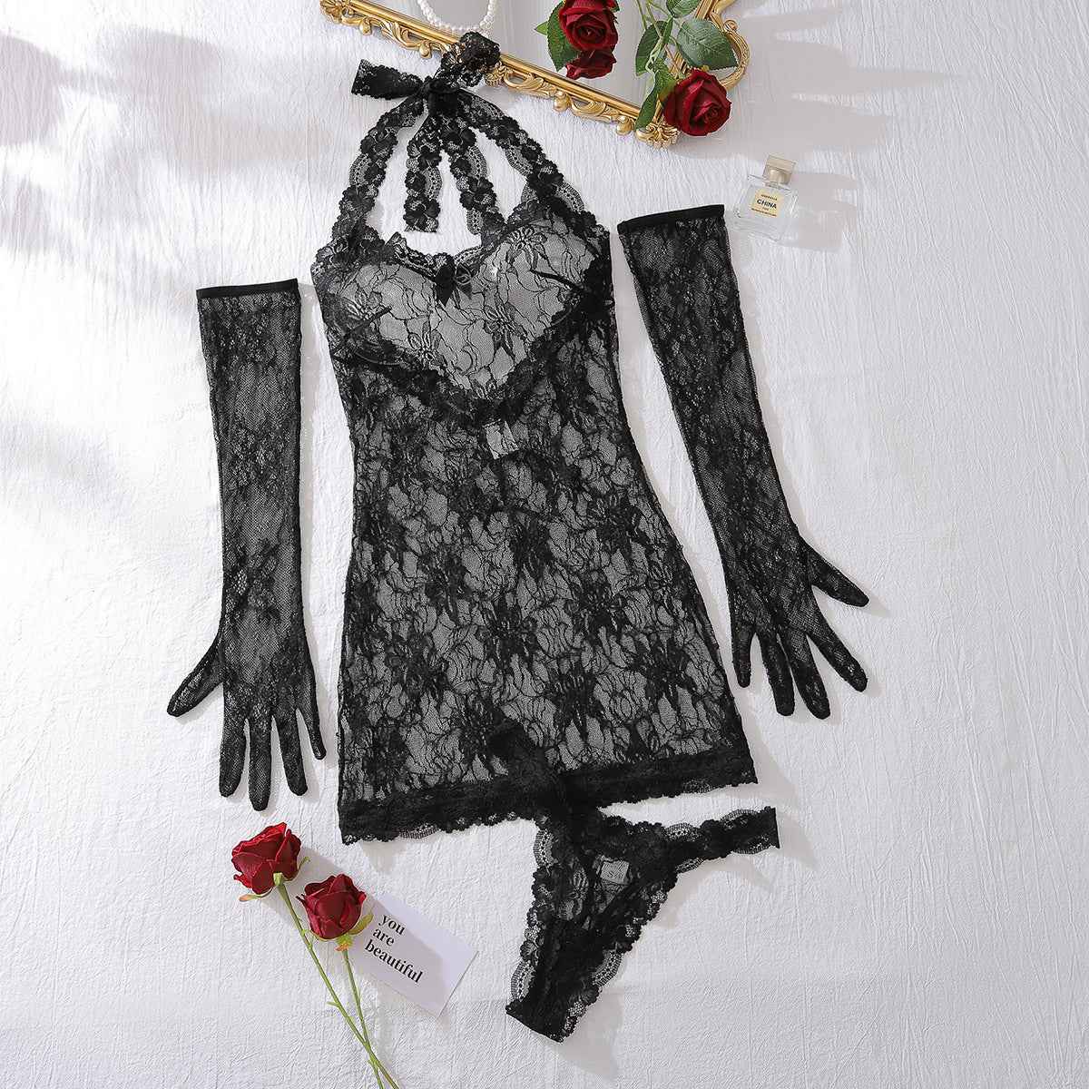 Lace Allure Bodysuit with Gloves