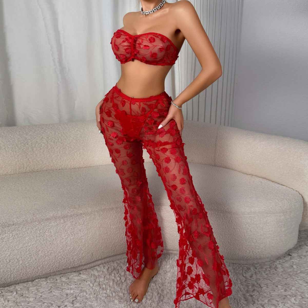 Crimson Sheer Lace Body-Shaping Set