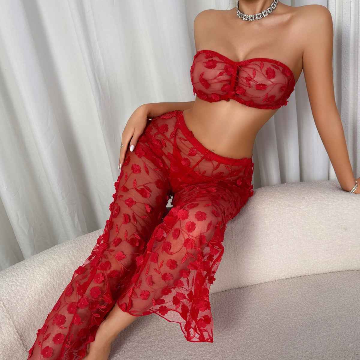 Crimson Sheer Lace Body-Shaping Set